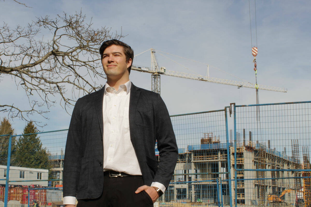 Saanich Coun. Zac de Vries checking on the new student housing development on the University of Victoria campus in 2021. (Black Press Media file photo)