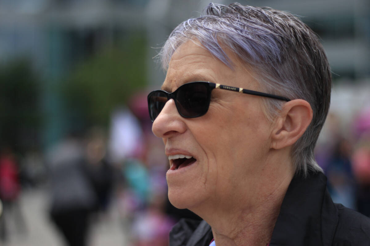 Surrey Memorial Hospital Nurse Peggy Holton speaks to media after hundreds of nurses in Vancouver for a B.C. Nurses Union conference marched along the streets of Vancouver Wednesday (May 31, 2023) calling for safer staffing levels. (Lauren Collins)