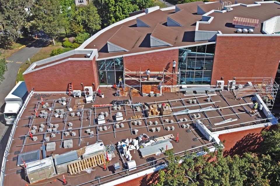 The installation, which Camosun hopes to complete this fall, features 90 solar panels on the Lansdowne library's lower roof and walls.