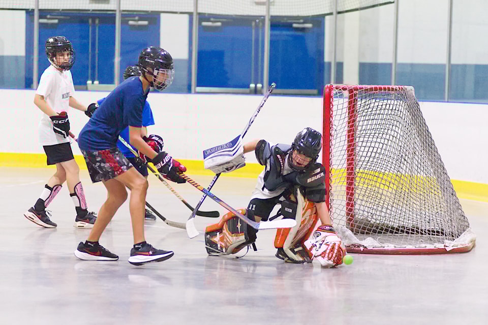 McBaddies' netminder Tucker O'Brien deflects a shot from the Blue Bandits' Ethan Tipler in ball hockey tournament action at Rogers Rink on Canada Day, Monday, July 1, 2024. 