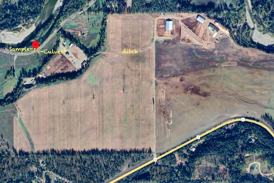 This satellite image from the BeeSAFE website shows the cattle operation, the river and the location of the culvert where the high E. coli sample was taken.
