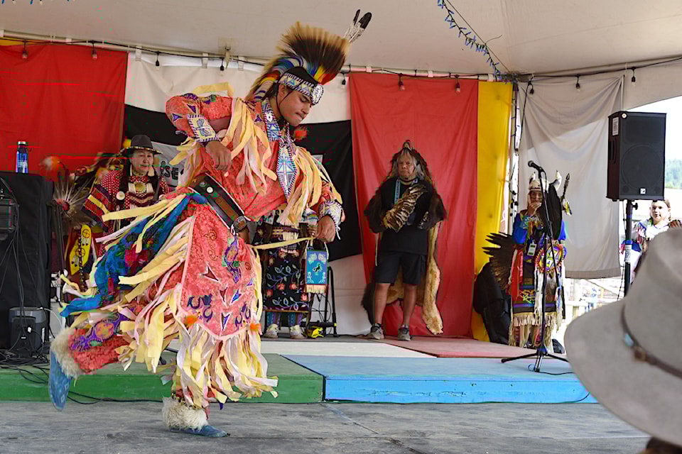 Stefan Jensen performs the Grass Dance as the opening for the All My Relations Powwow at the ROOTSandBlues Festival on Saturday, July 27.