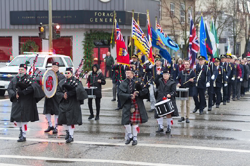 Shuswap Pipes 'N Drums leads the parade from the Salmon Arm legion to the cenotaph for the legion's Remembrance Day ceremony on Monday, Nov. 11, 2024. 