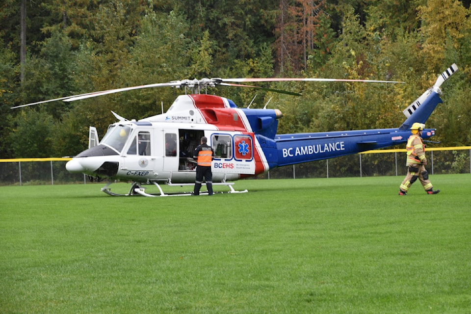 Emergency crews respond to a motor vehicle collision 1 km east of Salmon Arm on Highway 1 on Tuesday, Oct. 1, with the road closed indefinitely.  