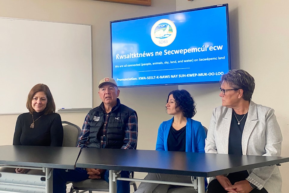 At a press conference Wednesday, Oct. 16, director of instruction Indigenous education Chelsea Prince, Quelmucw Education Council chair Darrell Jones, SD83 board chair Amanda Krebs and Supt. Donna Kriger announce School District 83's name change to a Secwépemc phrase meaning "we're all connected."