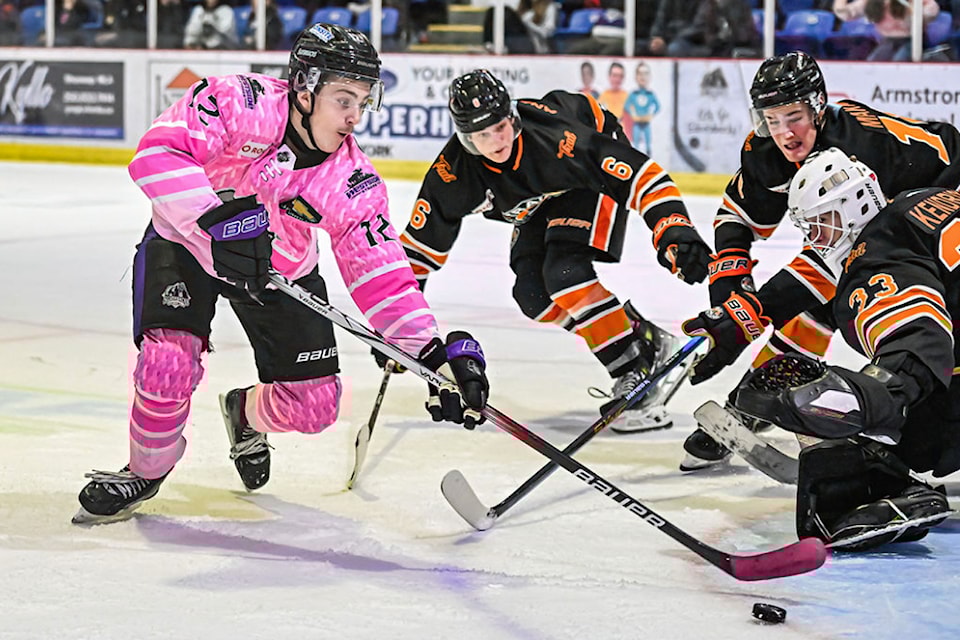 Silverbacks centre Cole Cooksey looks for an opening at Trail's net during the Salmon Arm team's Breast Cancer Awareness Night game at Rogers Rink on Saturday, Oct. 26, 2024. 