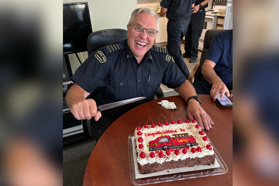 Gary Lebeter celebrates his last official shift as the Salmon Arm Fire Department's deputy fire chief on Tuesday, Sept. 3, 2024. 