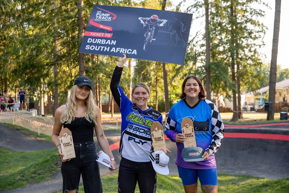 American rider Olivia Armstrong, centre, is heading to South Africa this November after taking first in the women's class, followed by Karsen Tielen, left, in second and Rachelle Nielsen with third at the UCI Pump Track World Championships Qualifier in Sicamous on Saturday, Sept. 7.