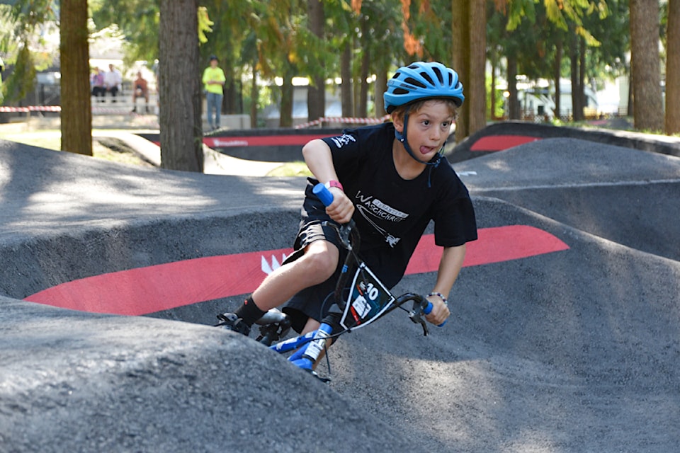 Young rider Jamie Albisser puts all his senses to work as he concentrates on the track during a practice run at the ICU Pump Track World Championship Qualifier in Sicamous on Saturday, Sept. 7.