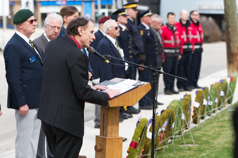 Mayor Alan Harrison reflects on the 38 names recorded at the cenotaph of former Salmon Arm residents killed in the First World War during the Salmon Arm legion's Battle of Vimy Ridge ceremony on Wednesday, April 9, 2025. 