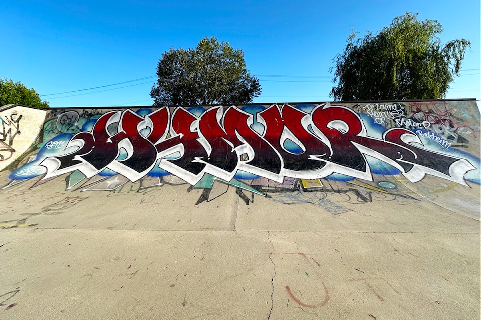 On May 17 and 18 (2025), Alison Linden's son E. painted his tag "HUMOR" at the Salmon Arm Skatepark as a memorial to his grandfather, former J.L. Jackson teacher Victor Peter Birkhiem. 