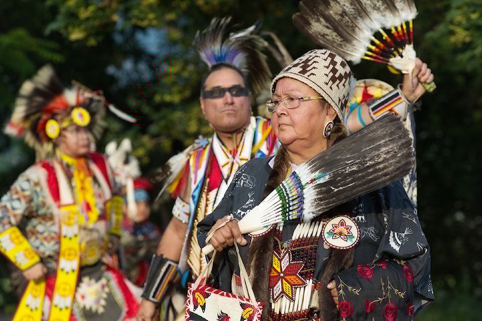 All My Relations First Nations Dance Group dancers perform a grand entry during the Mini PowWOW event at Marine Peace Park on Wednesday, Aug. 27, 2025. 