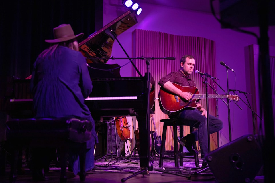 Clea Roddick and Craig Newnes move from working behind the scenes at Song Sparrow Hall to performing on stage for the Shuswap Local Love fundraising event for Second Harvest Food Bank on Saturday, Feb. 8, 2025. 