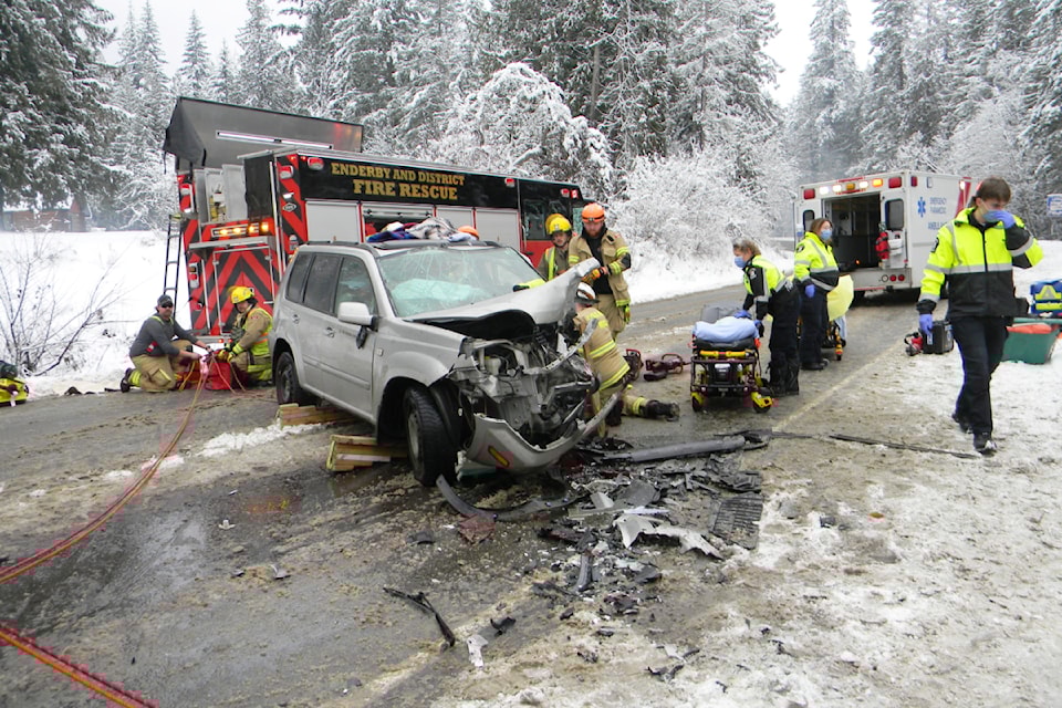 Three adults were taken to hospital with non life-threatening injuries after a collision on Highway 97A, while a dog travelling in one of the vehicles was unhurt in the crash. 