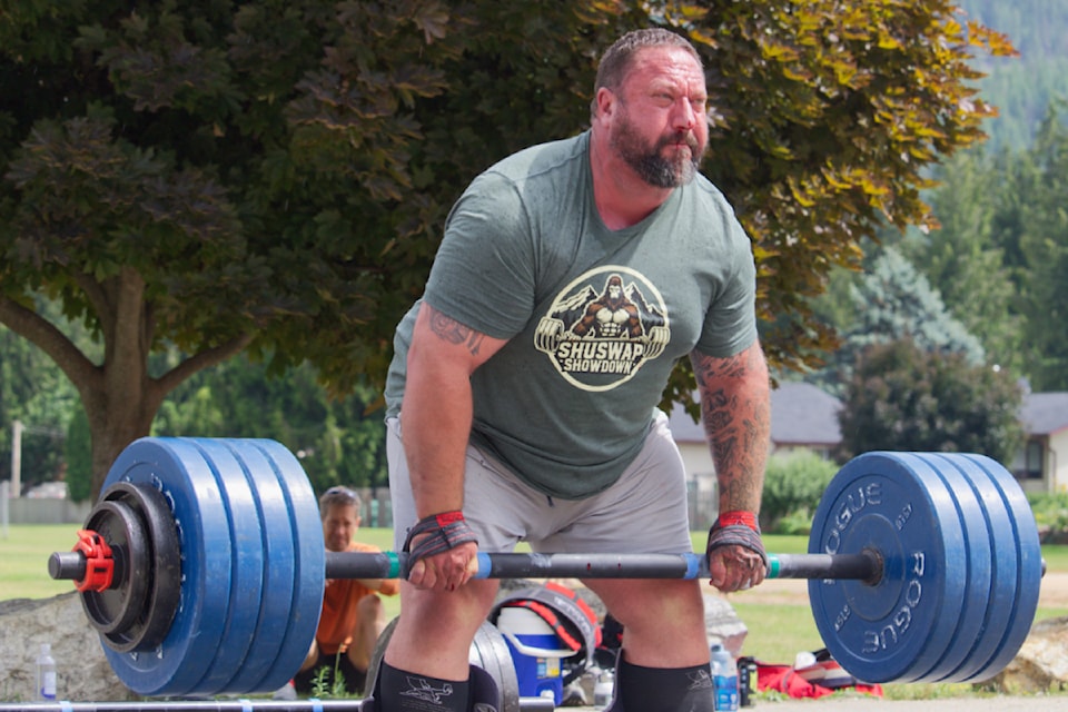 Gerhard Wiese from Vancouver Island lifts through a spontaneous nosebleed during the Axle Deadlift at the Shuswap Showdown in Sicamous Saturday, July 19.