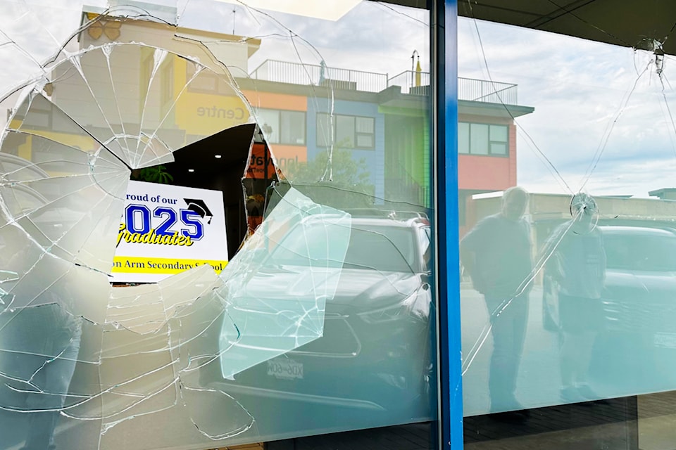 A sign was found to have been displayed inside the Shuswap Association for Community Living offices at 171 Shuswap Street after windows were broken early Friday morning, June 20, 2025. 