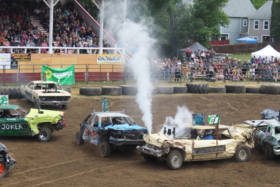 A brutal hit gets car 61 steamed up, though it still continued to run, at the Salmon Arm Demolition Derby on Saturday, June 14. 