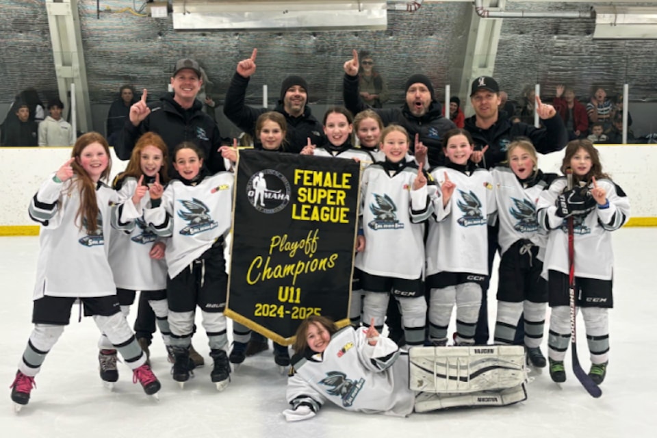 The U11 Silverhawks Team 2 celebrate after winning their playoff final in Lumby March 9. 