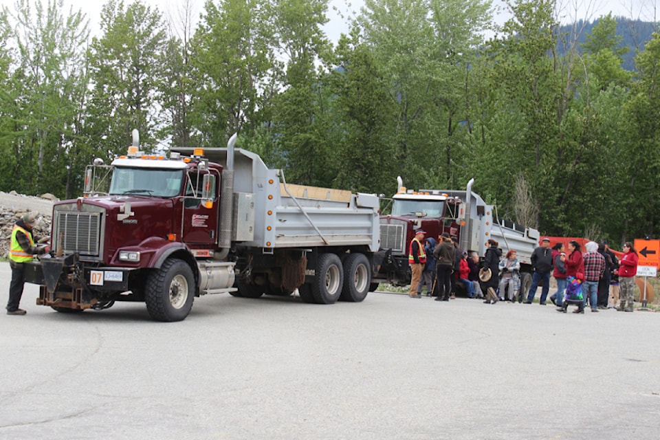 The Splatsin and Splatsin Development Corporation (SDC) block off both ends of the Bruhn Bridge project along Highway 1 at Sicamous on Monday, May 12, 2025. 