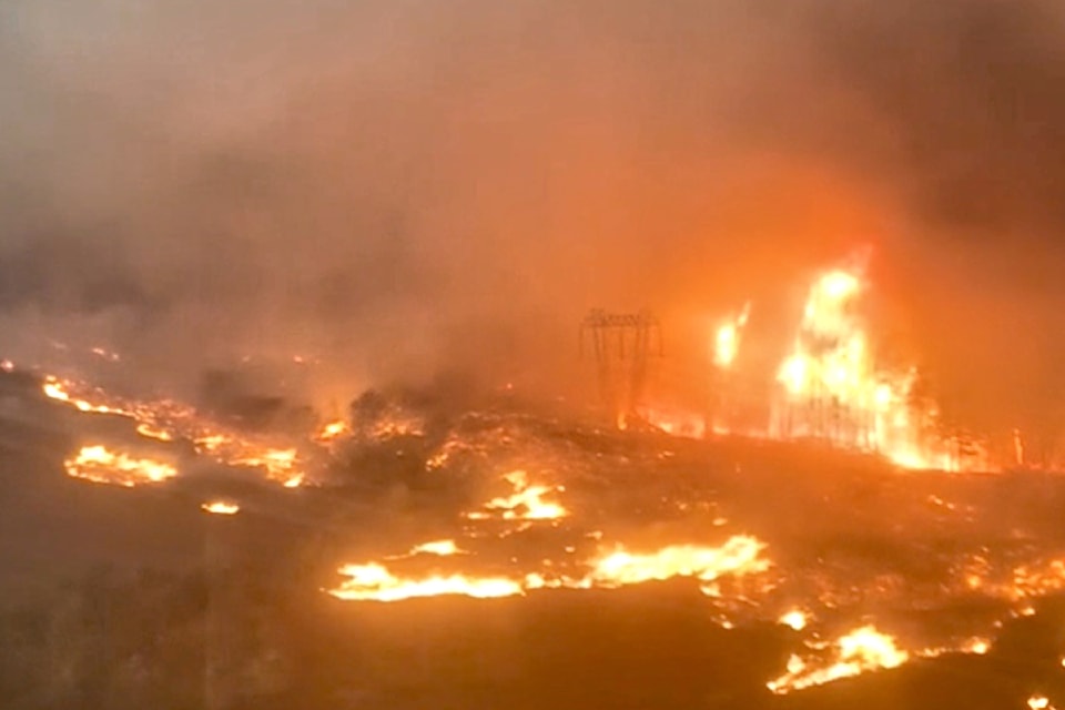 The moment the backburn backfired across the powerline as it headed towards Scotch Creek. Screenshot from a video taken by a BCWS staffer in the helicopter observing the burning.
