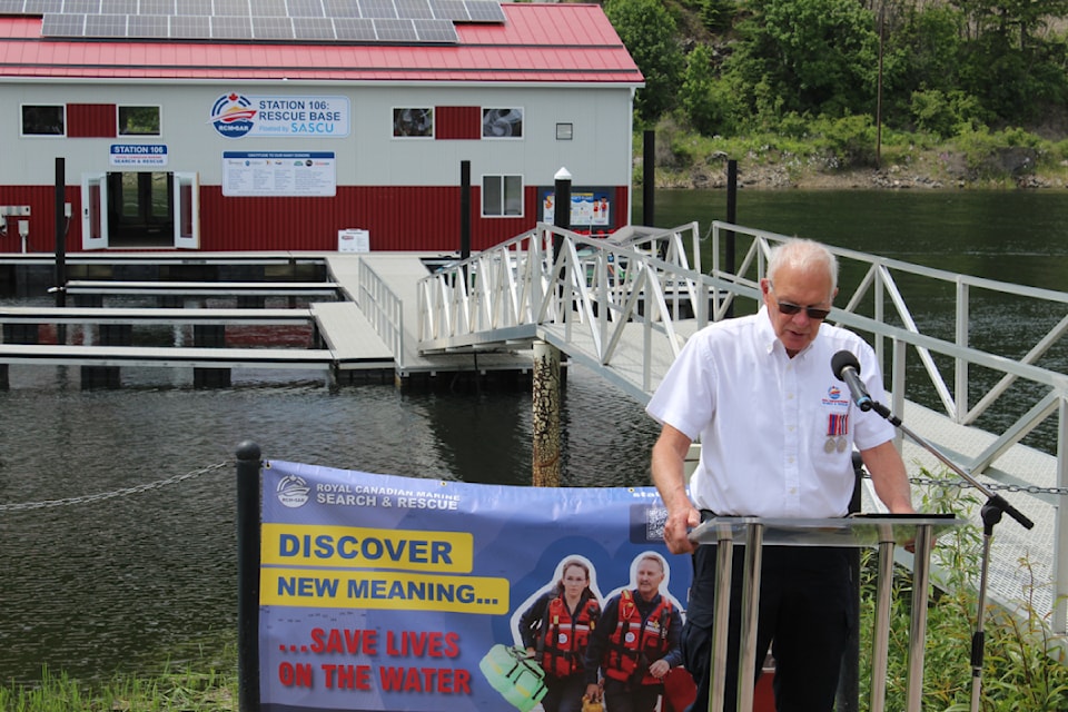 Lifeboat Society president Bruce Weiker acted as emcee of the at the grand opening of the new rescue base boathouse Saturday, May 24, providing history and anecdotal stories.