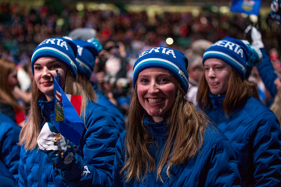 Team Alberta athletes make their entrance during the Parade of Athletes at the Opening Ceremony Friday night. Robin Grant/Red Deer Express