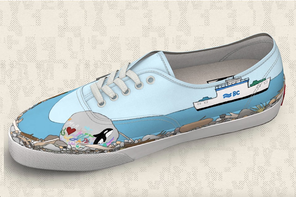 The Campbell River shoreline is featured on a shoe designed by local mom Mellissa Davis for the 2019 Vans Global Custom Culture shoe design contest. Screenshot of design/Vans.ca