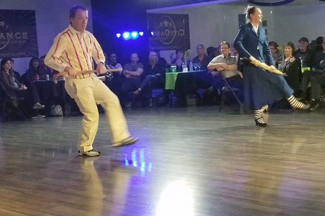 Dancing With The Vernon Stars 2019 contestants Paul Sterritt (left) and Michelle Hill reprise their Mary Poppins’ Supercalifragilisticexpialidocious routine during the City Dance Studio Showcase gala evening Friday, Nov. 1, in Vernon. (Roger Knox - Black Press)