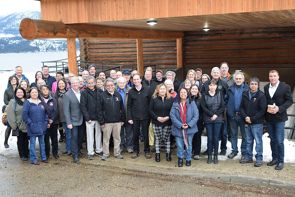 The group of people who signed, or witnessed the signing, at Pierre’s Point on Jan. 31 of an historic memorandum of understanding between the City of Salmon Arm and the Adams Lake and Neskonlith bands to create the West Bay Connector Trail between Salmon Arm Bay and Tappen. (Martha Wickett/Salmon Arm Observer)