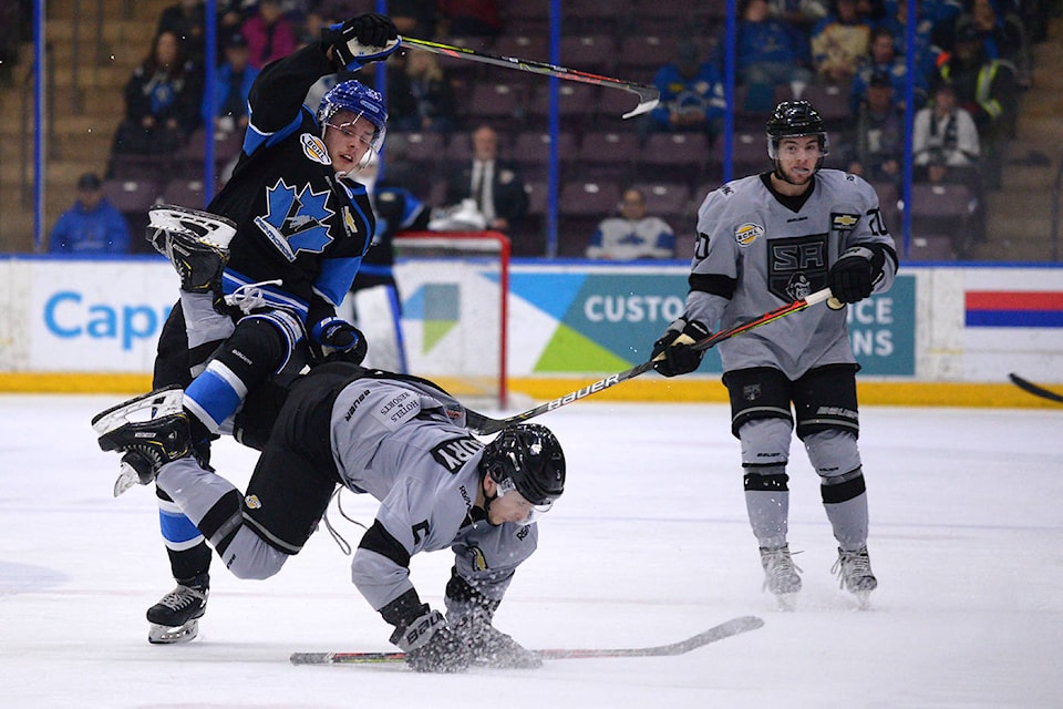 The Vees took a 3-2 overtime win against the Salmon Arm Silverbacks tonight in Penticton. (Phil McLachlan - Western News)
