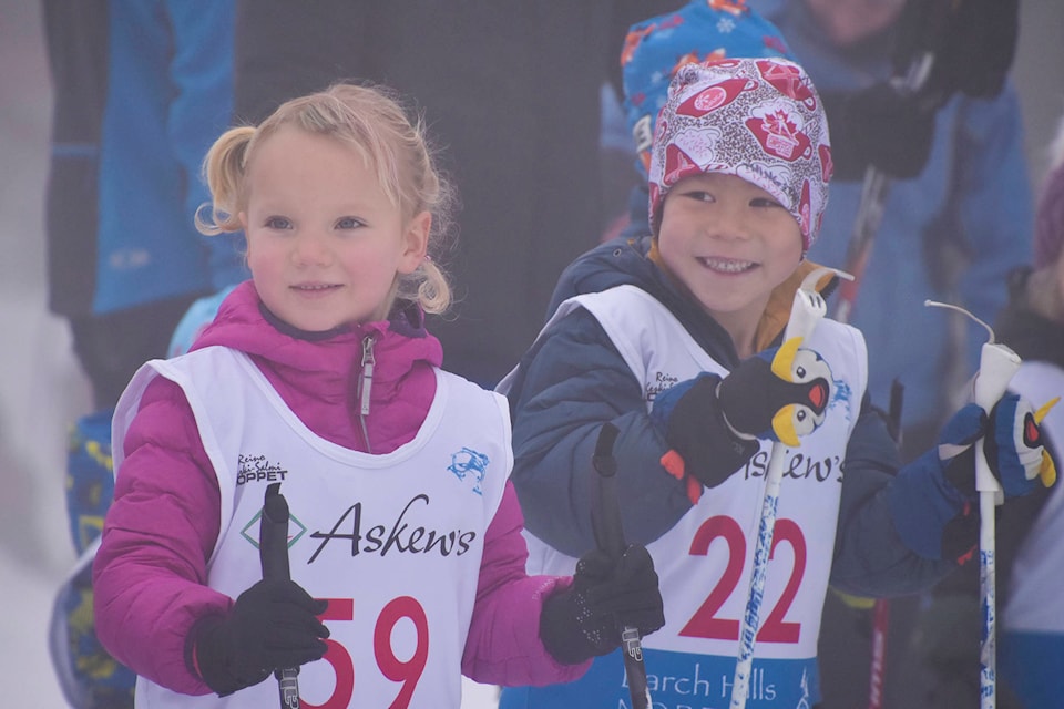 Ella Tennant and Wyn Thingsted wait behind the starting line at the Reino Keski-Salmi Loppet 2020 hosted by the Larch Hills Nordic Society on Saturday, Jan. 25, 2020. (Cameron Thomson - Salmon Arm Observer)