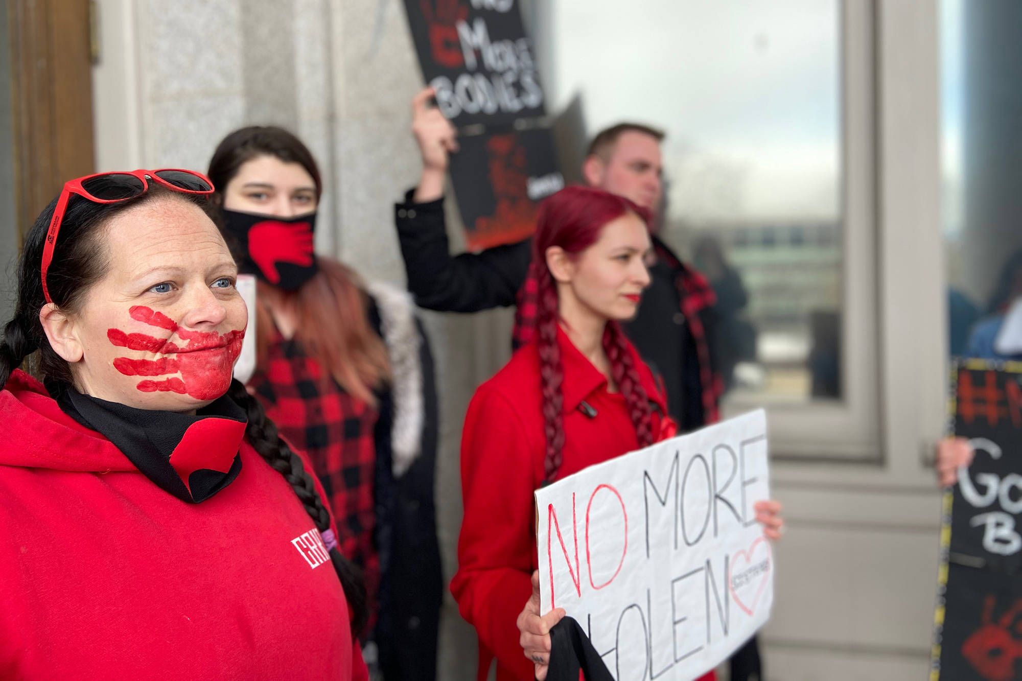 Protesters gathered on the steps of the Vernon Court House Monday, March 2, awaiting news of Curtis Sagmoen, a North Okanagan man found guilty of assaulting a sex trade worker in 2017. (Jennifer Smith - Vernon Morning Star)