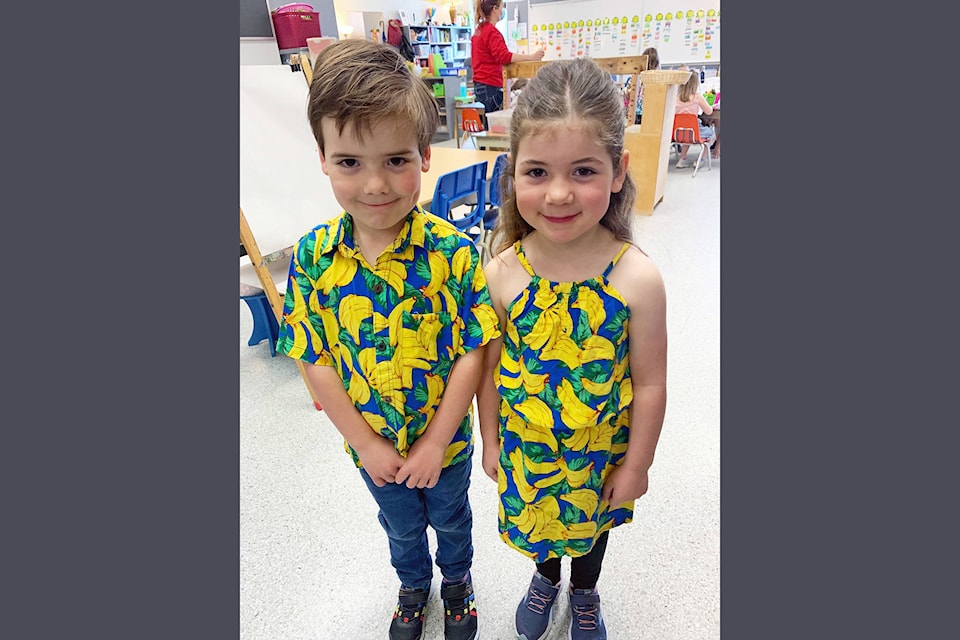 Parkview Elementary students and actual twins, Logan and Aurora Dawson, rock a banana motif during the school’s Twin Day on Wednesday, April 28, 2021. (Contributed)