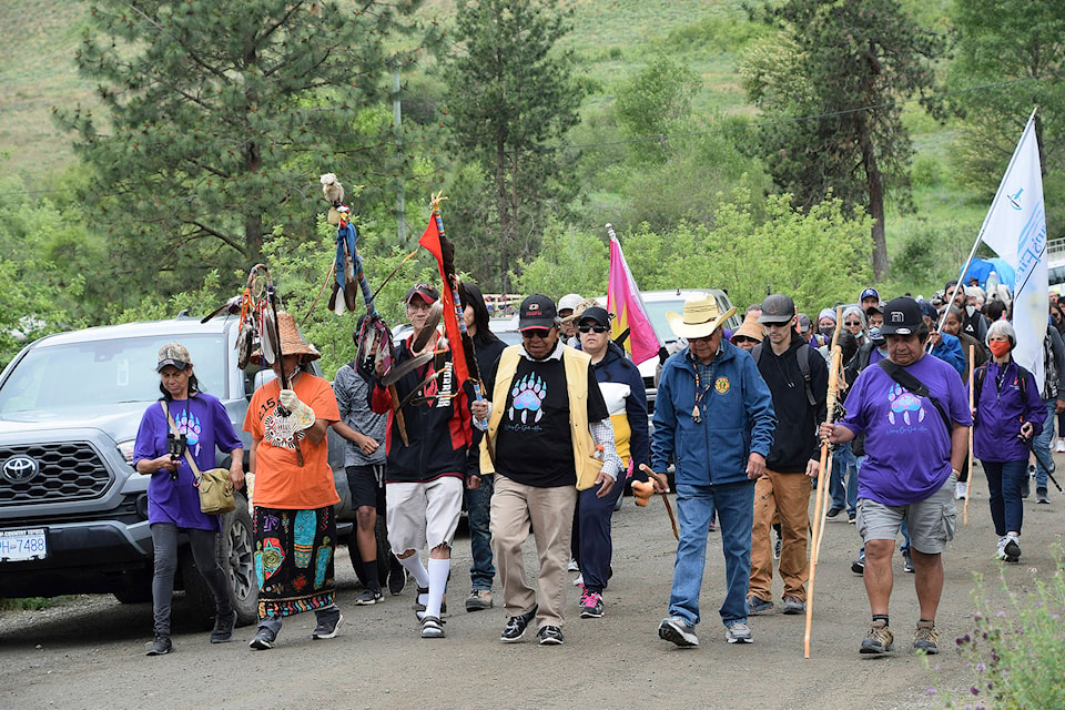 The third and last day of the Walking Our Spirits Home procession, honouring residential school survivors, the ones who never made it home and all those affected by the institutions, began at the Kamloops Indian Residential School on June 11 and stopped on June 13 outside the Adams Lake conference centre near Chase. The third day began about 10.5 kilometres from the centre and when it was complete, a closing ceremony was held. (Martha Wickett - Salmon Arm Observer)