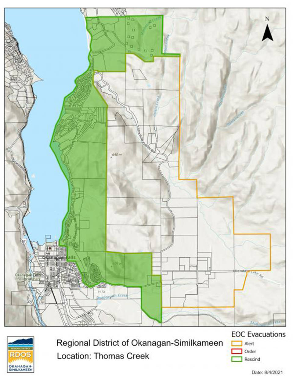 Over 600 properties in OK Falls removed from evacuation alert. Some still remain. (RDOS map)