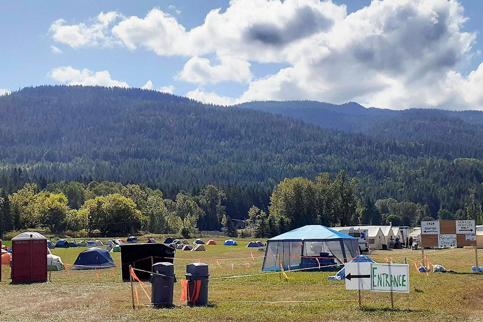 Under clear, sunny skies on Aug. 24, 2021, the Salmon Arm Fire Camp on 10th Avenue SW houses a fluctuating population of 150 firefighters and service providers. Crews work 14 days on and then four days off, if the wildfire situation allows it. (Martha Wickett - Salmon Arm Observer)