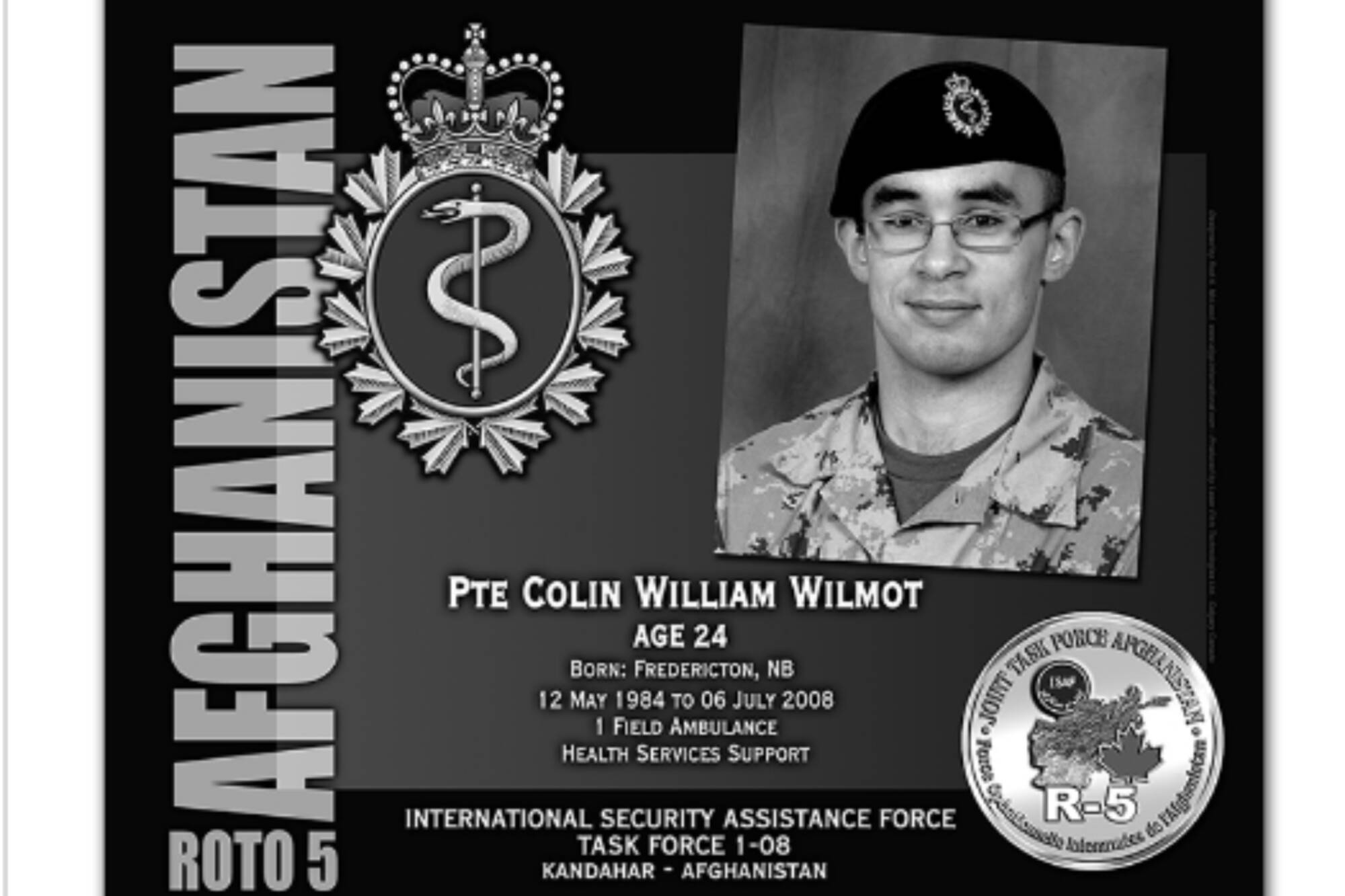 The granite plaque that was designed to mark the passing of Pte. Colin Wilmot. It was originally displayed at the Kandahar Cenotaph, and was repatriated to Canada in 2014. Today, it can be seen at the Afghanistan War Memorial located at National Defence Headquarters in Kanata, Ont. (Government of Canada image)