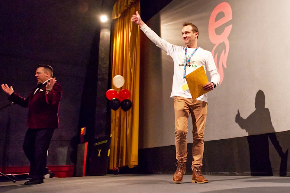 Clayton Beadle of Grow Up Farm gives a thumbs up to the audience after winning top prize in the Launch-A-Preneur competition at the Salmar Classic on Thursday, June 9, 2022. (Lachlan Labere-Salmon Arm Observer)