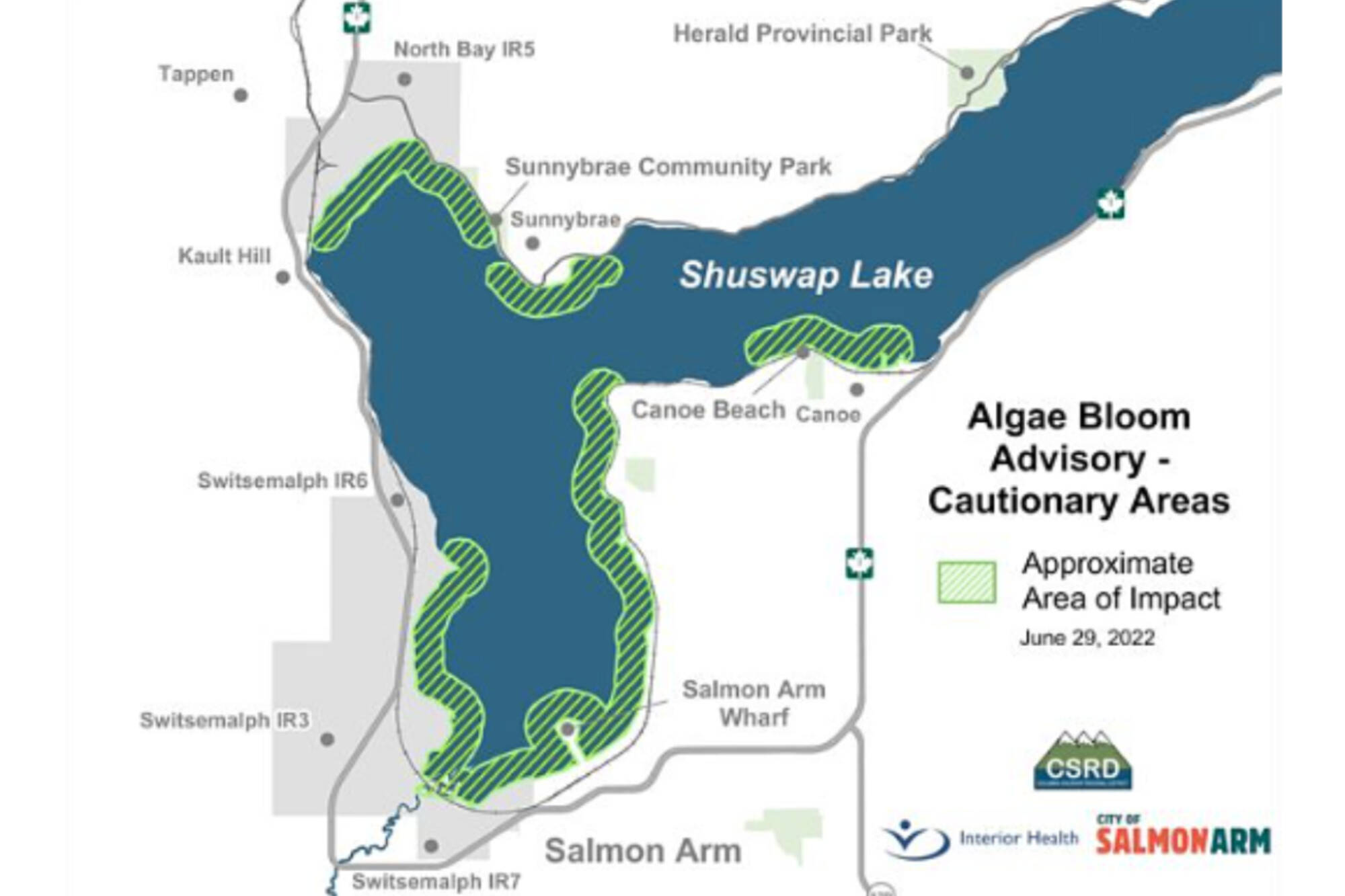Signs cautioned users of Canoe Beach on Saturday, July 3 to take care in the beach area because of high water. The lower sign noted the Columbia Shuswap Regional District, the City of Salmon Arm and Interior Health are monitoring an algae bloom in the Salmon Arm Wharf and Sunnybrae/Canoe Point areas of Shuswap Lake. (Martha Wickett-Salmon Arm Observer)This June 29, 2022 map from the Columbia Shuswap Regional District shows areas affected by an advisory regarding a possible algae bloom. (CSRD map)