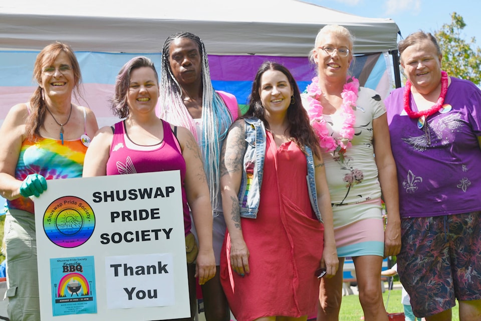Members of the board of directors of the new Shuswap Pride Society including Joanne Wittstock, Shelley Desautels, Allie Alexander, Daylene Fleming, Jenn Andreasen and Marsha Bradcoe were at Marine Peace Park in Salmon Arm on Aug. 13, 2022 for the group’s meet-and-greet event with a free picnic, music and games for the community. (Martha Wickett-Salmon Arm Observer)
