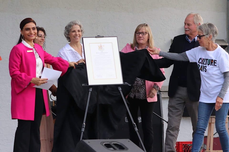 Vernon-Monashee MLA Harwinder Sandhu presents a proclamation to kick off BC Culture Days in Vernon’s Polson Park Friday, Sept. 23, 2022. (Brendan Shykora - Morning Star)