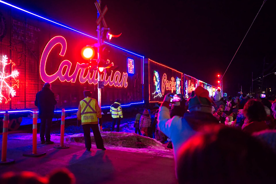 The CP Holiday Train rolls into Canoe on Thursday evening, Dec. 15, 2022. (Lachlan Labere-Salmon Arm Observer)