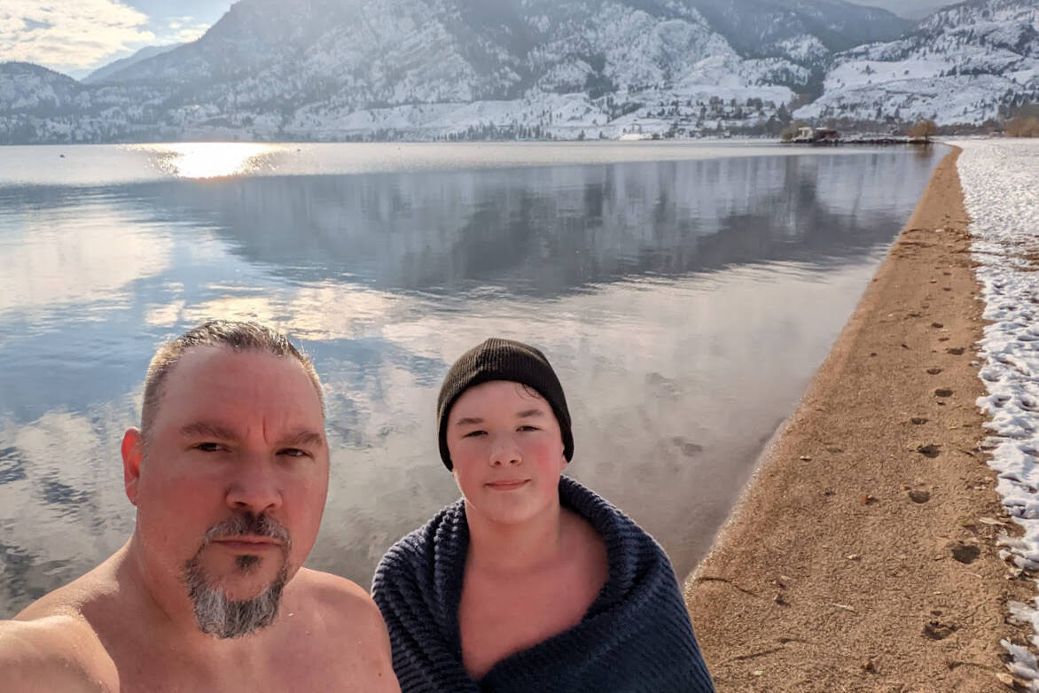 Jake Evans and son Damien after taking a winter's dip in Skaha Lake. (Submitted)