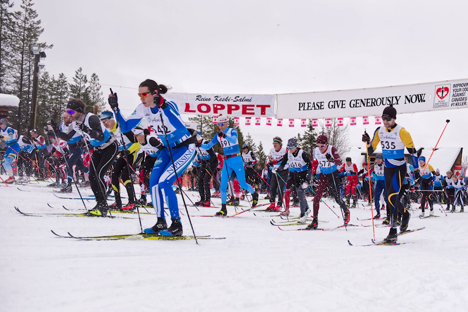 The first cluster of skiers, competing in the 17- and 34-km events, leave the starting line of the Reino Keski-Salmi Loppet at Larch Hills on Saturday, Jan. 14, 2023. (Lachlan Labere-Salmon Arm Observer)
