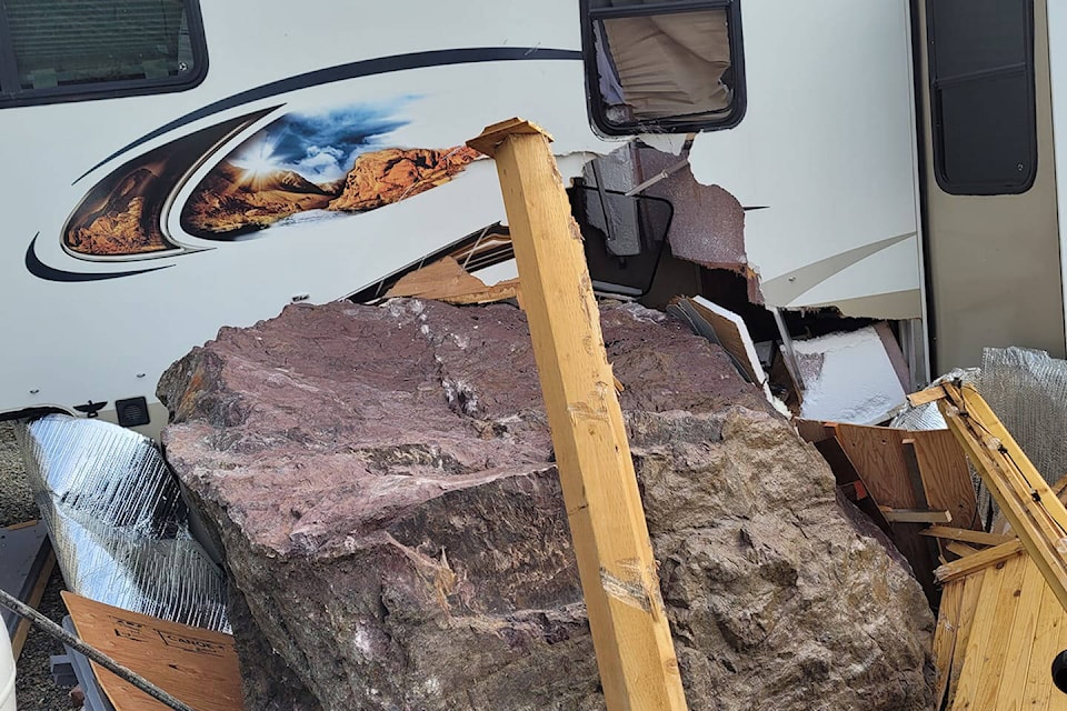 This boulder came crashing down the mountain, over Highway 3 and into a person’s trailer in Keremeos. Luckily the person wasn’t home at the time on Jan. 16. (Jaime Pacheco Facebook)
