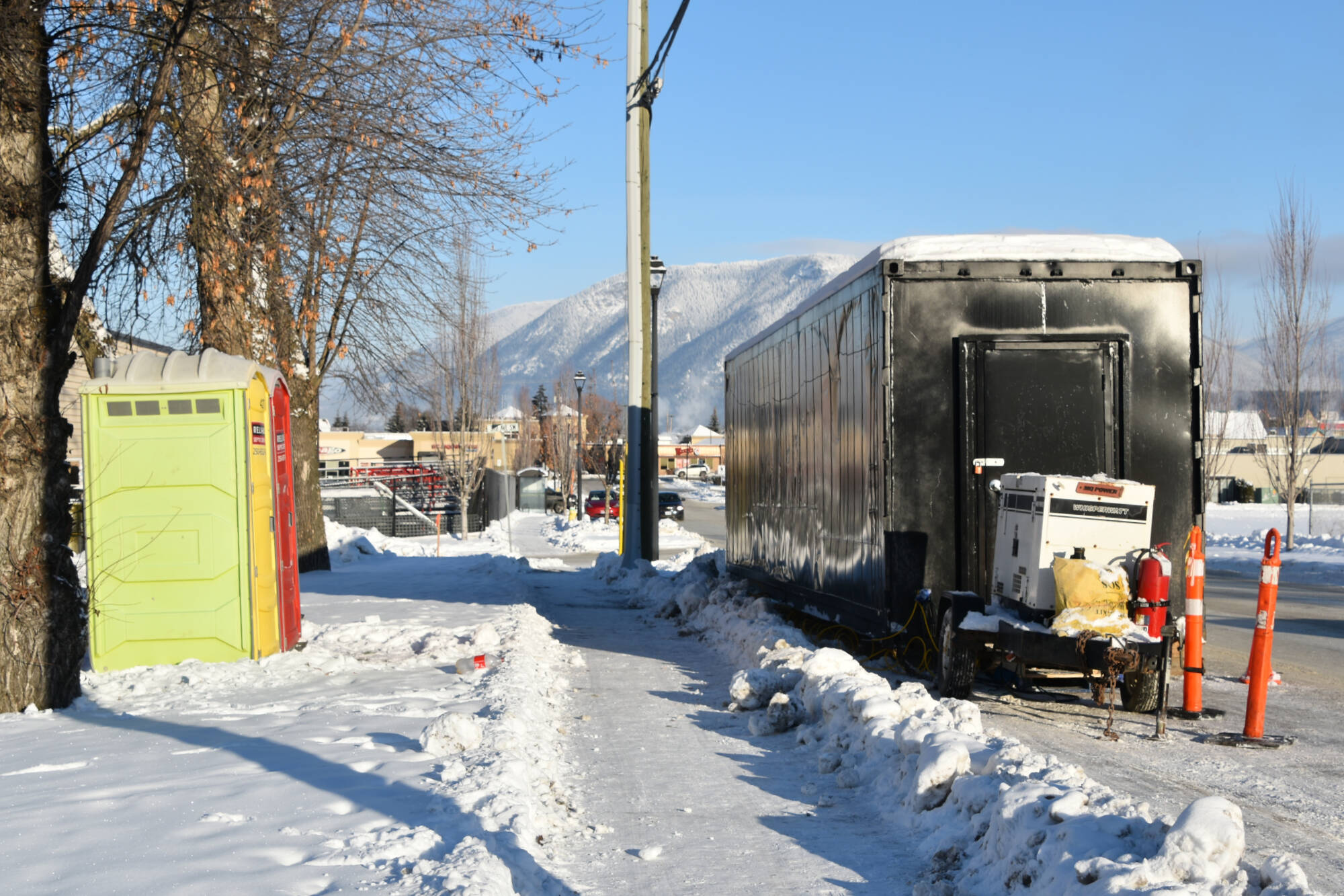 The new temporary winter shelter at the Downtown Activity Centre, 451 Shuswap St. S in Salmon Arm, opened seven days a week, 8 p.m. to 6 a.m., starting Jan. 19 to mid-April. (Martha Wickett/Salmon Arm Observer)A sea can, along with two porta potties, was set up along 3rd Street SW on Dec. 20, 2022 and removed Jan. 20, 2023 after the shelter opened. (File photo)