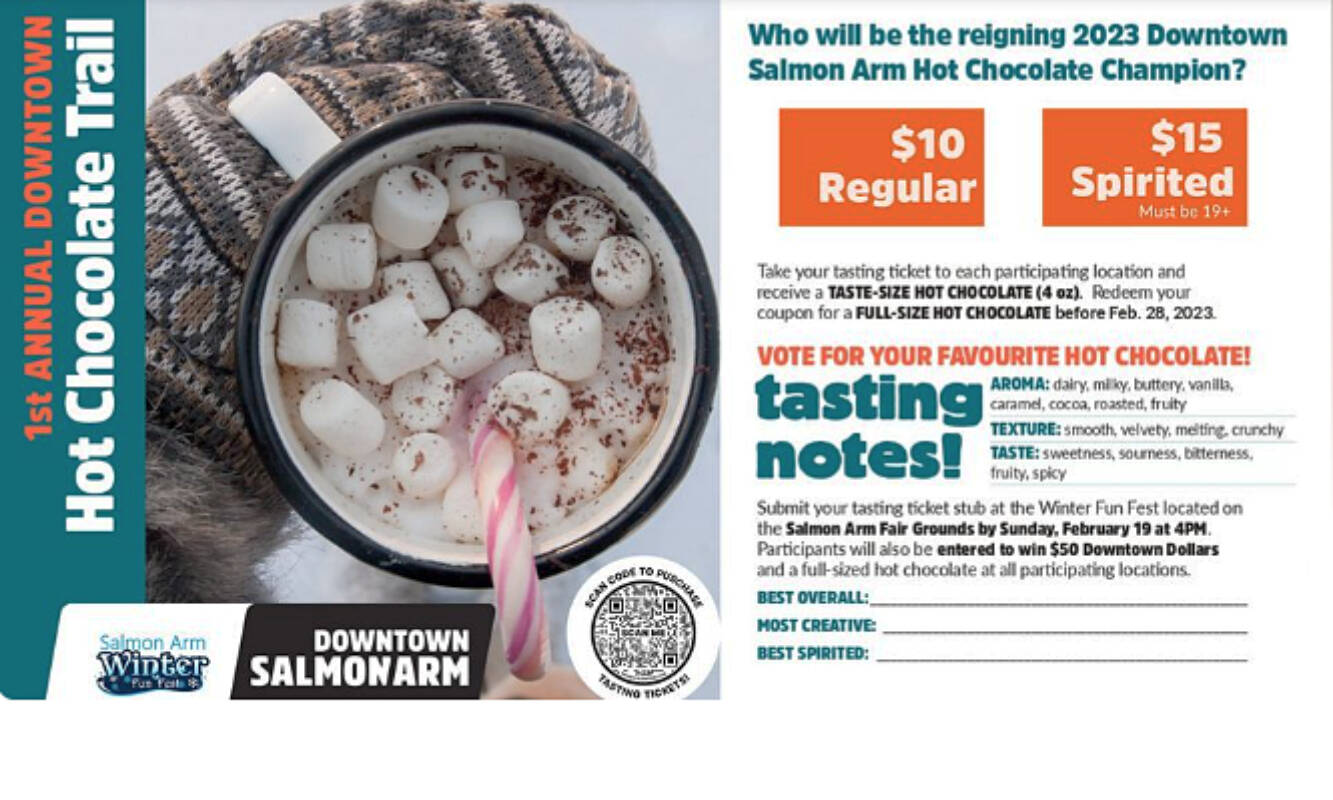 The Hot Chocolate Tasting Trail in Salmon Arm starts Feb. 4 at 8 a.m. in collaboration with the Salmon Arm Winter Fun Fest running Feb. 18-19. (Downtown Salmon Arm image)