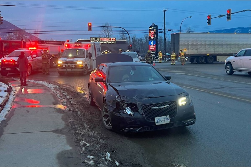Two vehicles collided at the intersection of the Trans-Canada Highway and 10 Street Southwest around 4:45 p.m. (Becca Willson/Salmon Arm Observer)