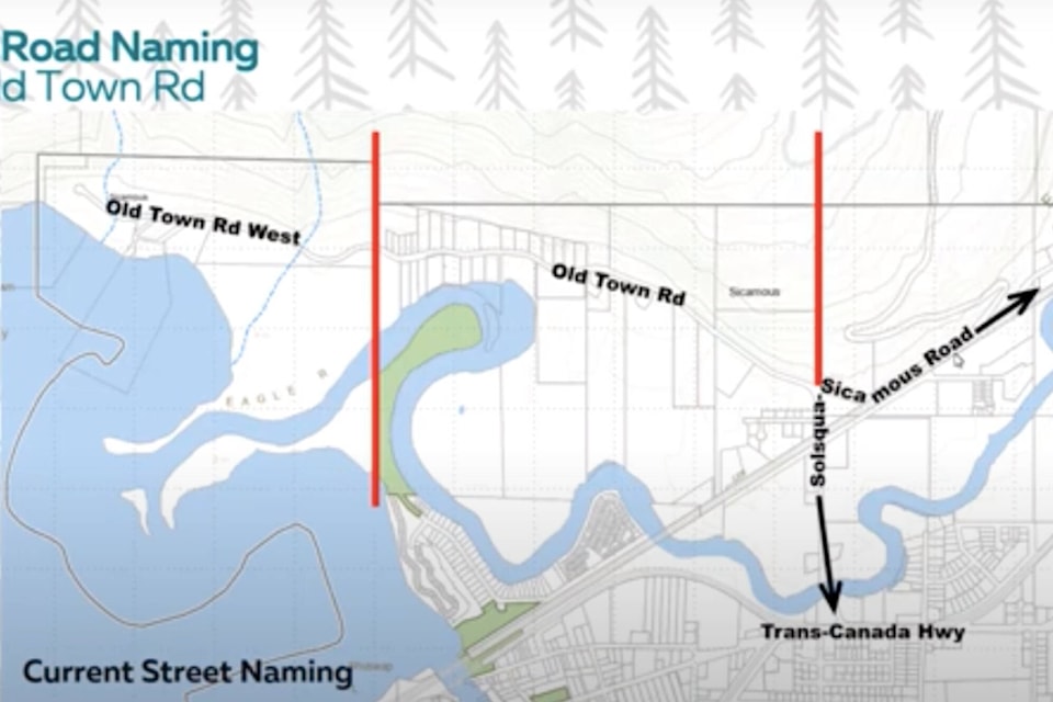 Current street naming at Old Town Road and Solsqua-Sicamous Road, Sicamous. (DOS Planning and Development image)
