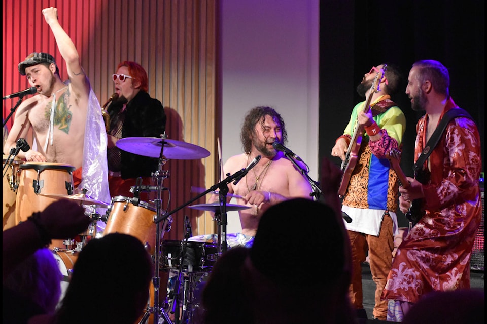 Five Alarm Funk keeps a full house jumping at Song Sparrow Hall in Salmon Arm on Sunday night, April 16, part of their 20th anniversary tour. Members include Brent Mah and Michael Allen on saxophone, Thomas Towers on congas, Tayo Branston on drums and vocals, Tim Parent on bass, with Jimmy Baldwin and Scott Verbeek on electric guitar. Missing was Kent Marshall on trumpet. (Martha Wickett-Salmon Arm Observer)